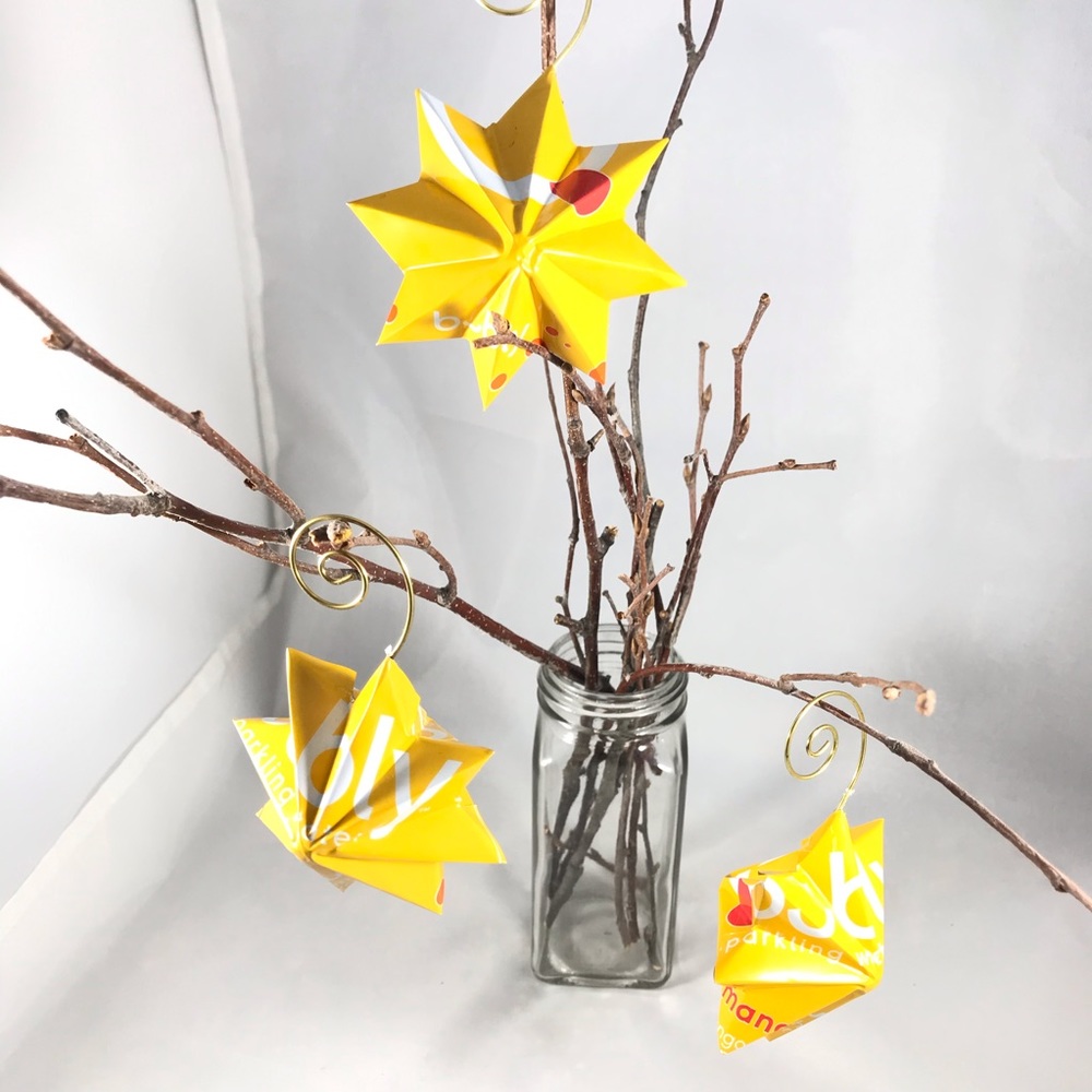 Handmade Yellow Bubly Can Star Ornaments Set of 3 Upcycled Recycled